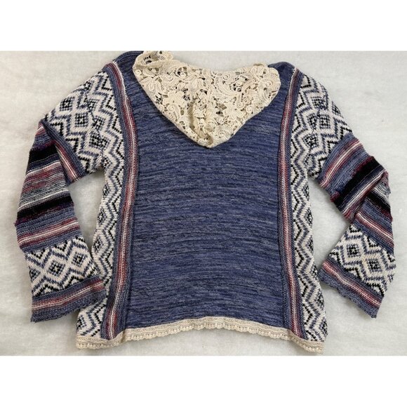 American Rag M Crochet Trim Boho Hoodie Sweater Multicolor Cotton Blend Indie - Picture 2 of 12